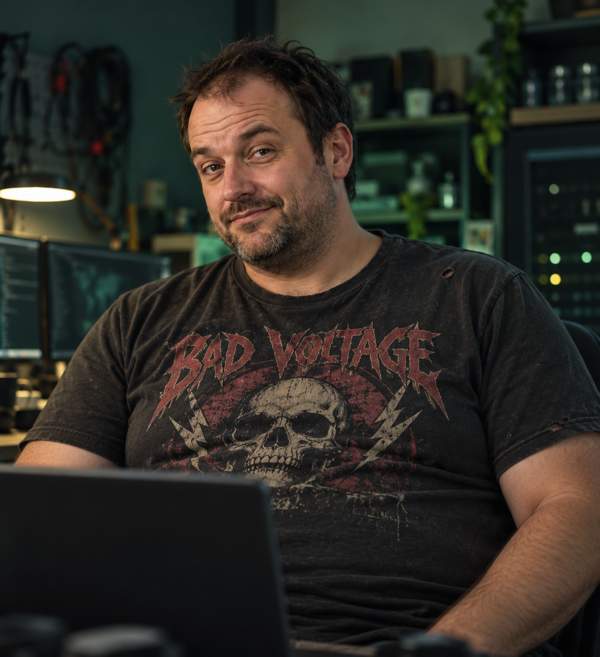 David Mercer, known as Dodgy Dave, in his Bad Voltage band T-shirt at his workshop